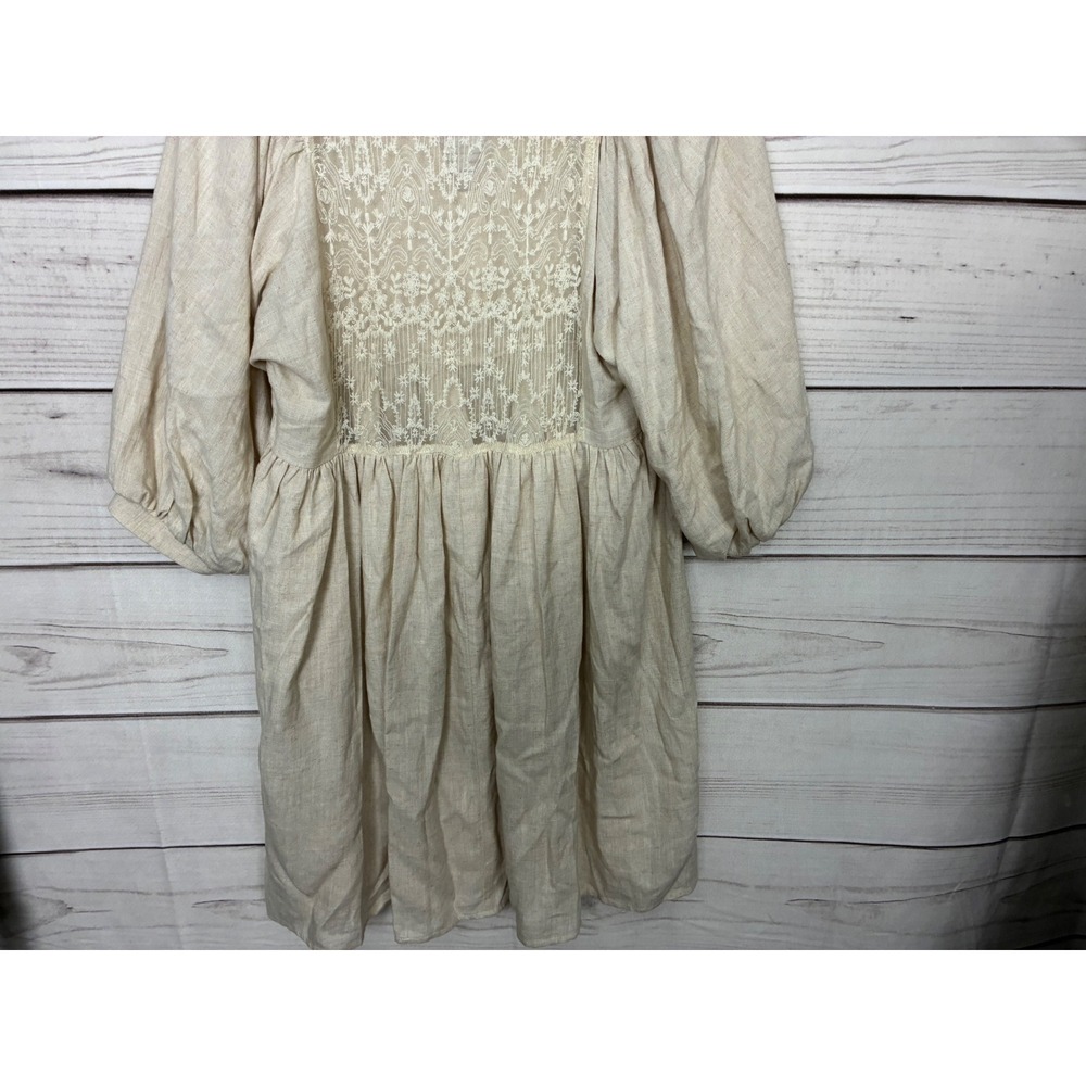 Umgee Oatmeal Linen Blend Lace Back Boho Babydoll Dress Beige Large - Picture 7 of 11